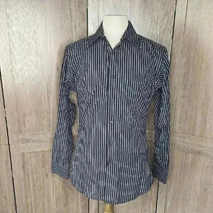 Men's Black and White Striped dress shirt buttons down office casual